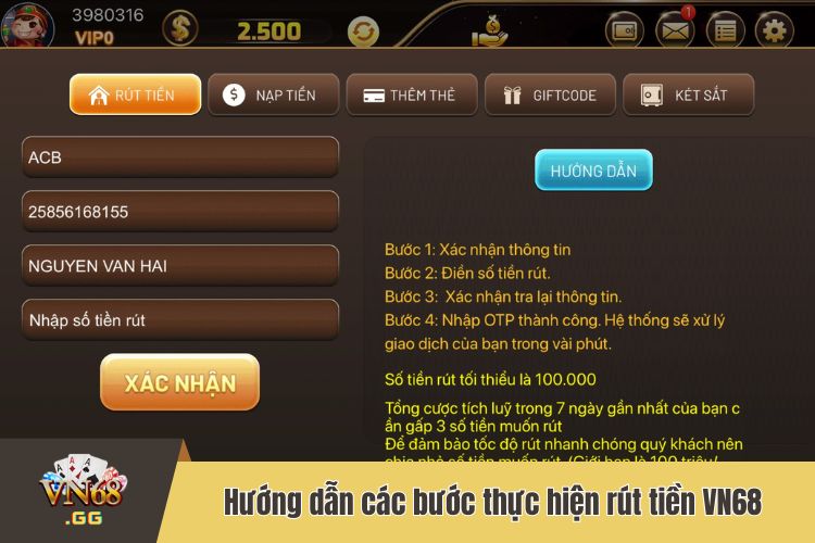 Hướng dẫn các bước thực hiện rút tiền VN68 nhanh chóng