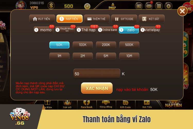 Thanh toán VN68 nạp tiền Zalo Pay dành cho người dùng