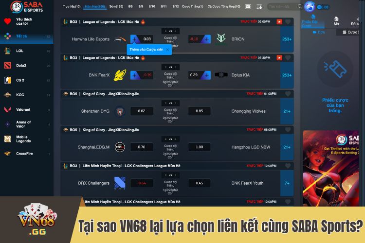 Tại sao VN68 lại lựa chọn liên kết cùng sảnh cược SABA Sports?