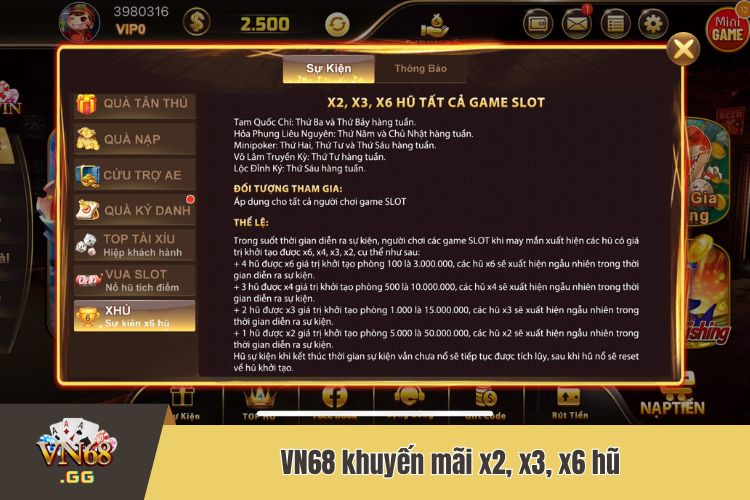 VN68 khuyến mãi x2, x3, x6 hũ cho tất cả game slot tại nhà cái